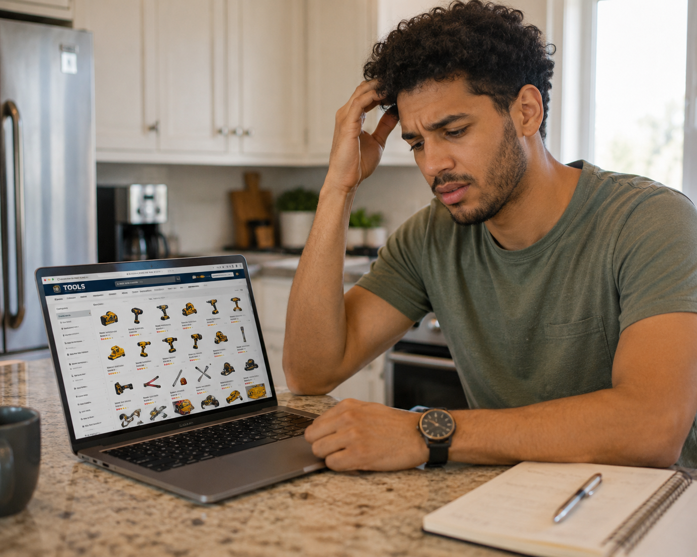 Frustrated man browsing tool options on a laptop in his kitchen.